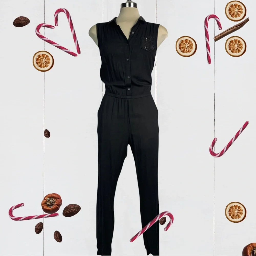 Elegant Jumpsuit Black Embellished  Sequin Pocket Size S - Picture 4 of 9